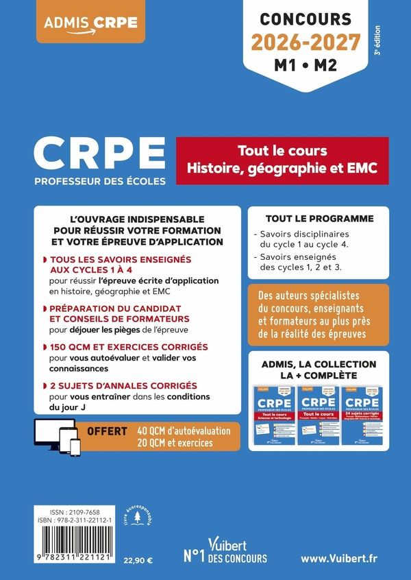 Quatrième de couverture de « CRPE, professeur des écoles : tout le cours histoire, géographie et EMC »