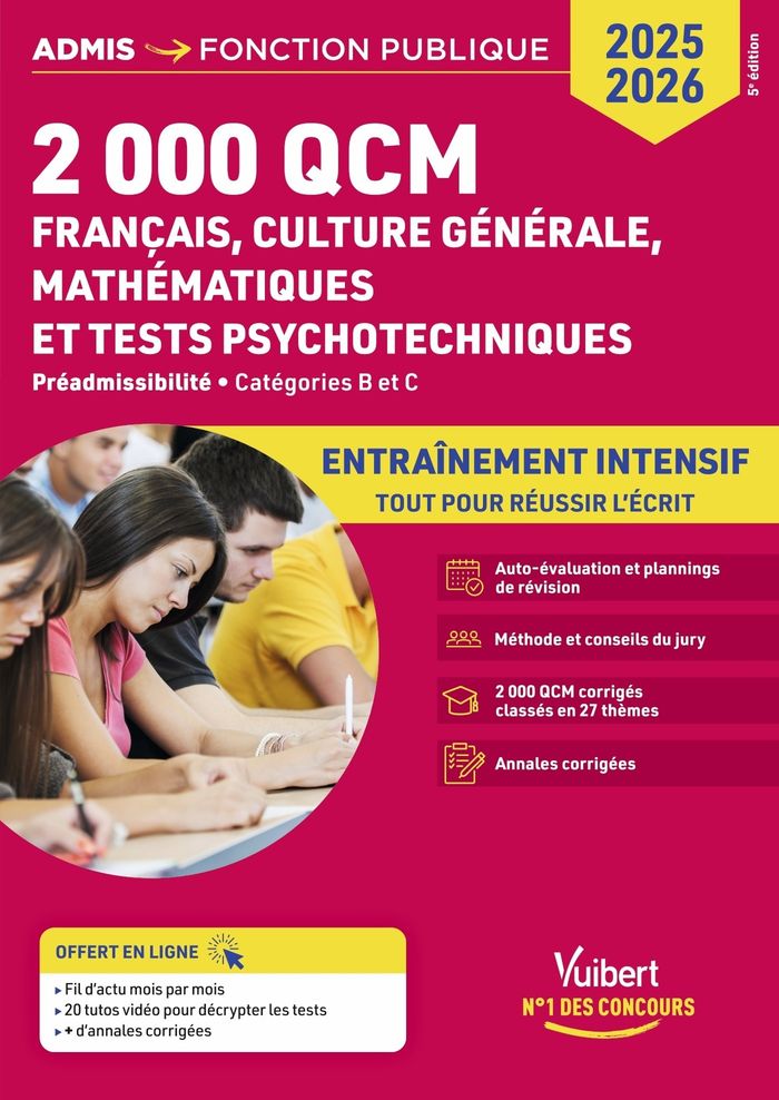 Couverture du livre « 2000 QCM de français, culture générale, mathématiques et tests psychotechniques : épreuve de préadmissibilité, catégories B et C » de Sébastien Drevet, librairie Les Contes Infusés à Corte