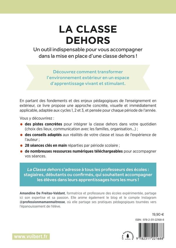 Quatrième de couverture de « La classe dehors : guide pratique pour repenser sa classe en plein air »