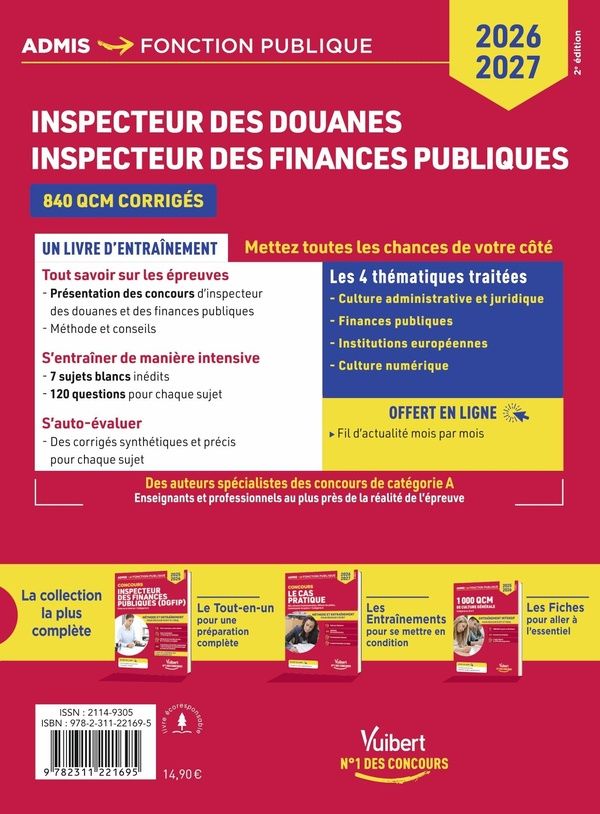 Quatrième de couverture de « Inspecteur des douanes, inspecteur des finances publiques : 840 QCM corrigés »
