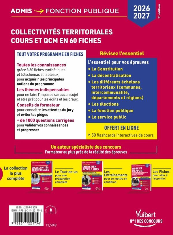 Quatrième de couverture de « Collectivités territoriales : catégories B et C - cours et QCM en 60 fiches »
