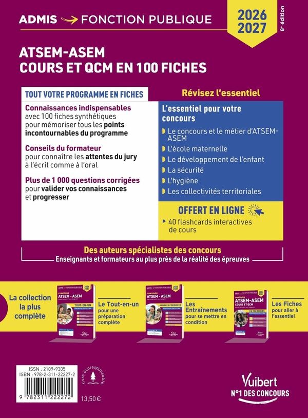 Quatrième de couverture de « ATSEM ASEM : externe, interne, 3e voie, catégorie C, en 100 fiches pour réussir l'écrit et l'oral »