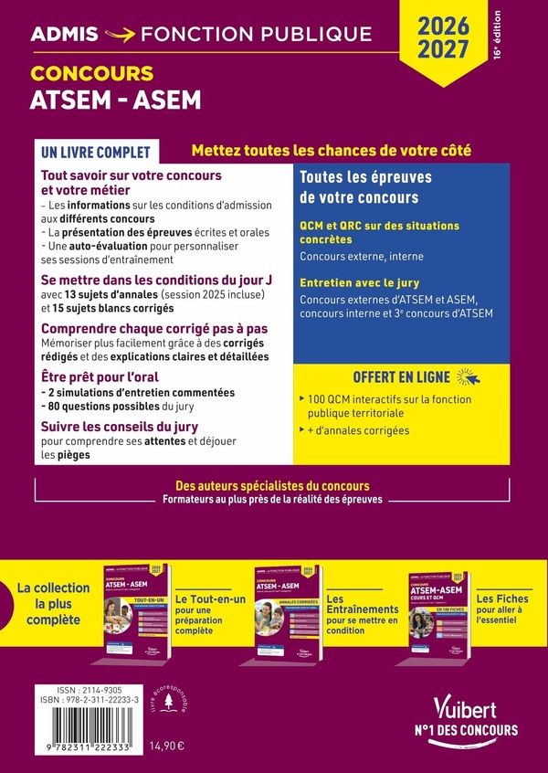 Quatrième de couverture de « ATSEM-ASEM : externe, interne et 3e voie, catégorie C, annales corigées »