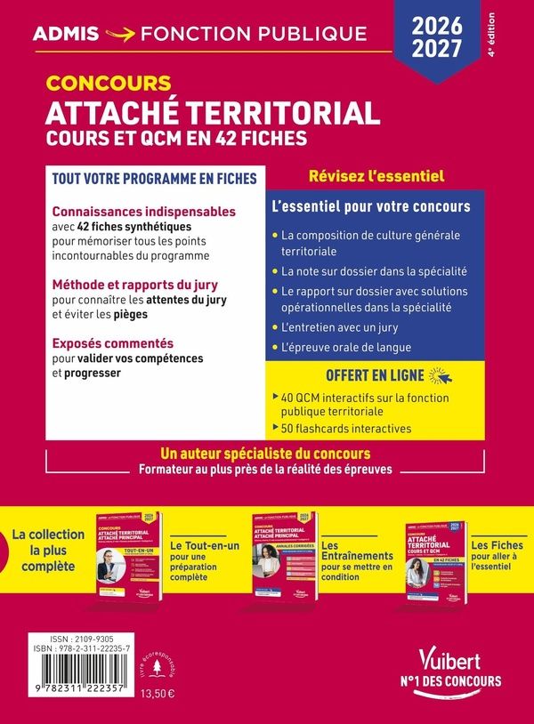 Quatrième de couverture de « Concours attaché territorial : cours et QCM en 42 fiches pour réussir l'écrit et l'oral, externe, interne, 3e concours catégorie A »