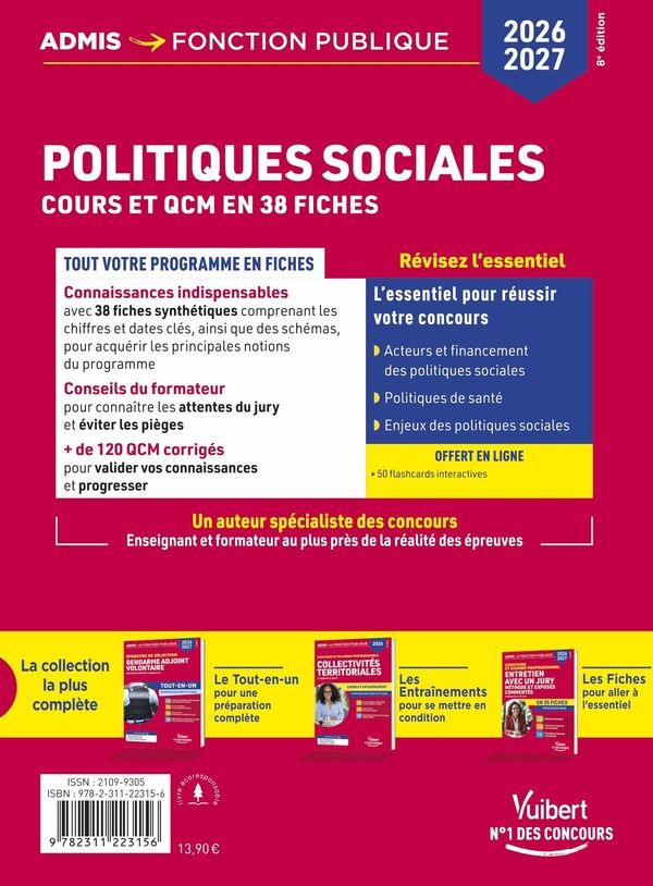 Quatrième de couverture de « Politiques sociales : cours et QCM, catégorie A et B, en 38 fiches pour réussir l'écrit et l'oral »