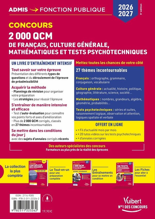 Quatrième de couverture de « 2000 QCM de Français, Culture générale, Mathématiques et Tests psychotechniques - Concours 2026-2027 : Epreuve de préadmissibilité - Catégories B et C »