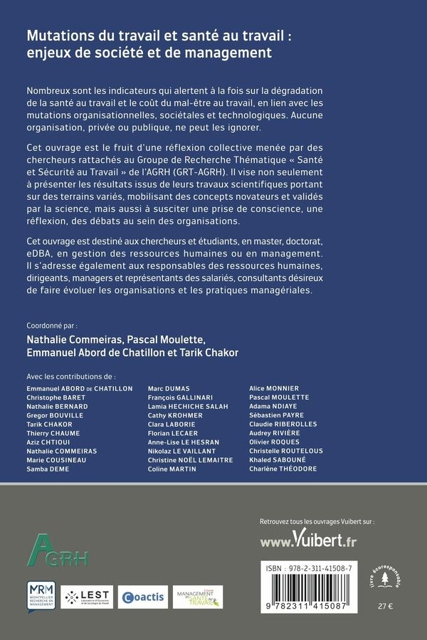 Quatrième de couverture de « Mutations du travail et santé au travail : enjeux de société et de management »