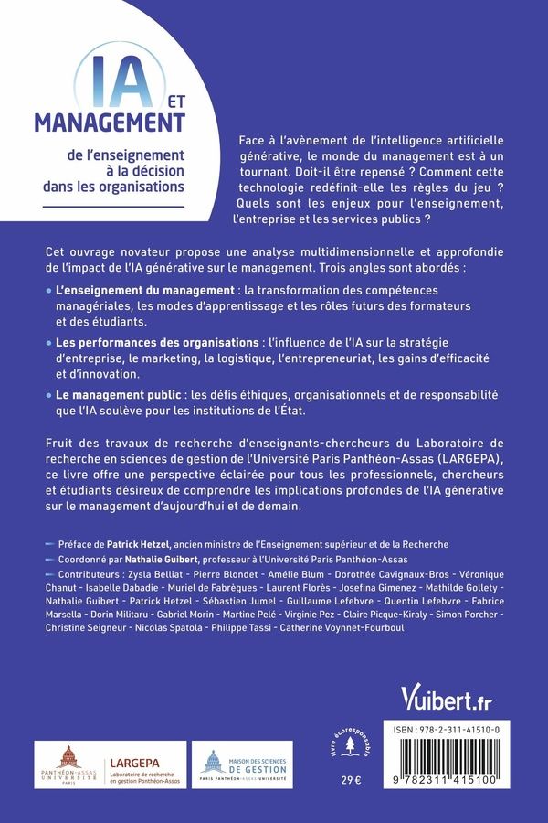 Quatrième de couverture de « IA et management : de l'enseignement à la décision dans les organisations »