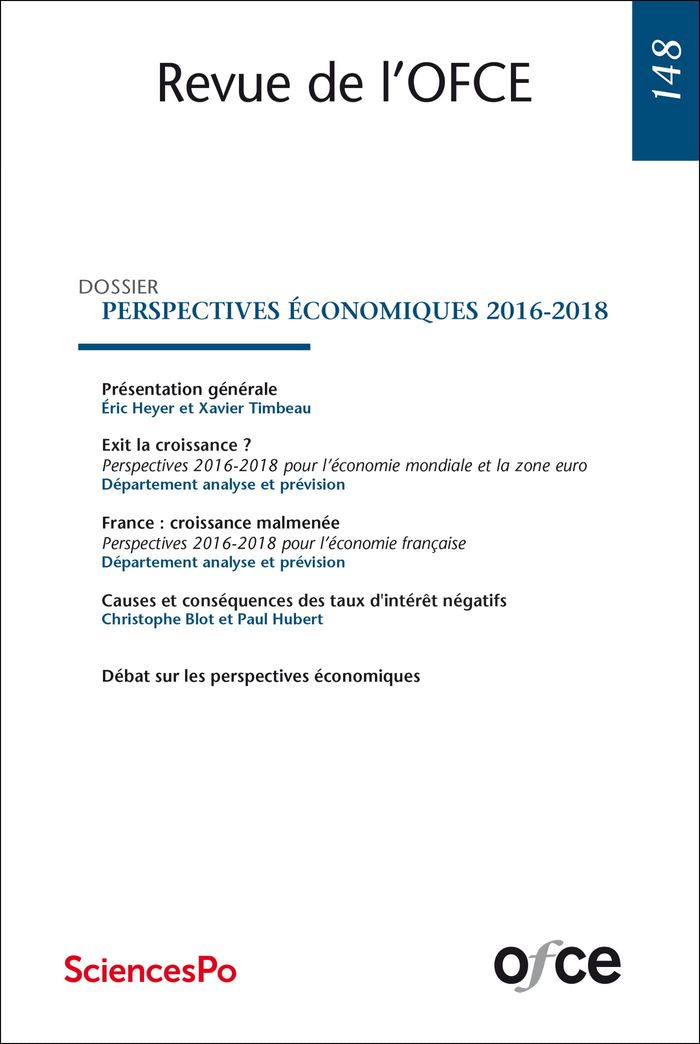 Couverture du livre « REVUE DE L'OFCE - N  148 : PERSPECTIVES ECONOMIQUES 2016-2018 » de Ofce, librairie Les Contes Infusés à Corte