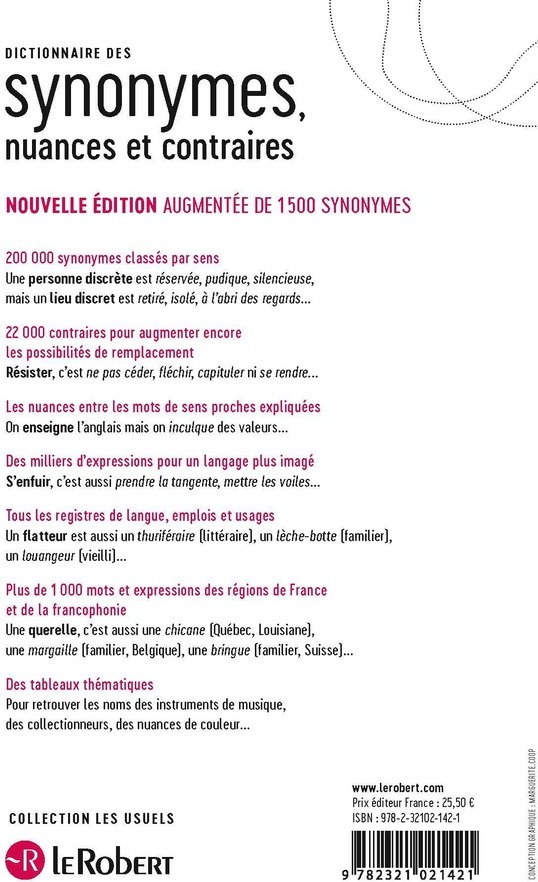 Quatrième de couverture de « Dictionnaire des synonymes, nuances et contraires »