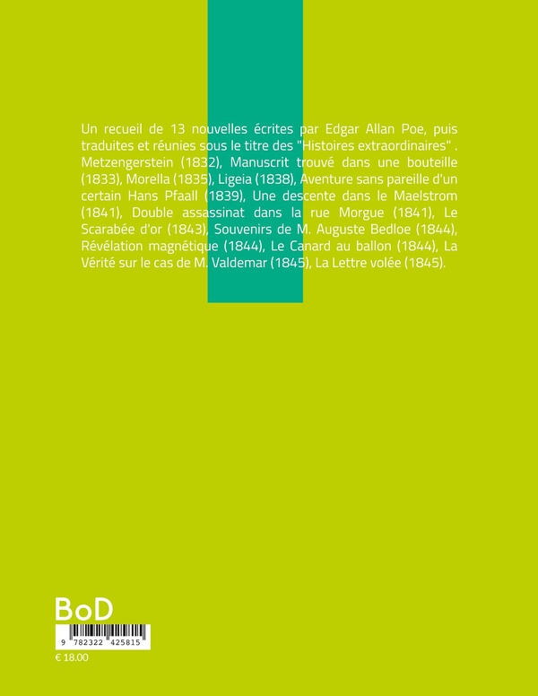 Quatrième de couverture de « Histoires extraordinaires »