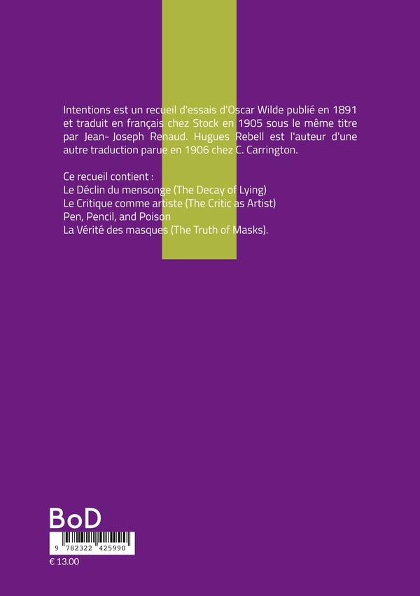 Quatrième de couverture de « Intentions : le déclin du mensonge; Plume, Crayon, Poison (étude en vert):suivi de Le critique artiste avec quelques remarques sur l'importance de ne rien faire »