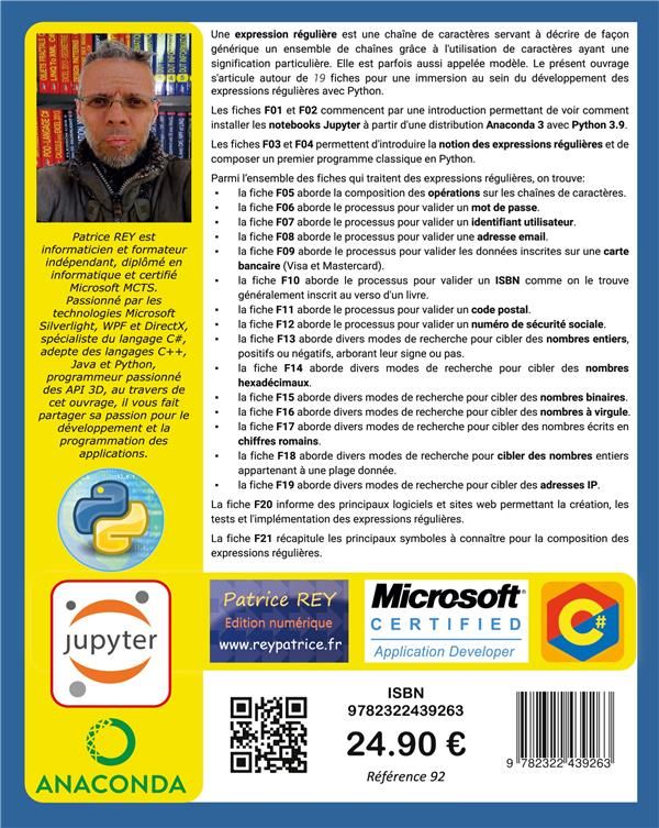 Quatrième de couverture de « GUIDE PRATIQUE DES EXPRESSIONS REGULIERES AVEC PYTHON - ET JUPYTER NOTEBOOK - ILLUSTRATIONS, COULEUR »