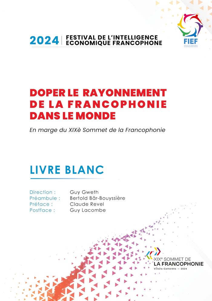 Couverture du livre « DOPER LE RAYONNEMENT DE LA FRANCOPHONIE DANS LE MONDE - LIVRE BLANC - ILLUSTRATIONS, COULEUR » de Guy Gweth, librairie Les Contes Infusés à Corte