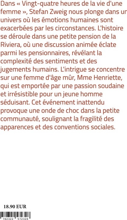 Quatrième de couverture de « Vingt-quatre heures de la vie d'une femme : Une exploration poignante des passions humaines et des dilemmes moraux. »
