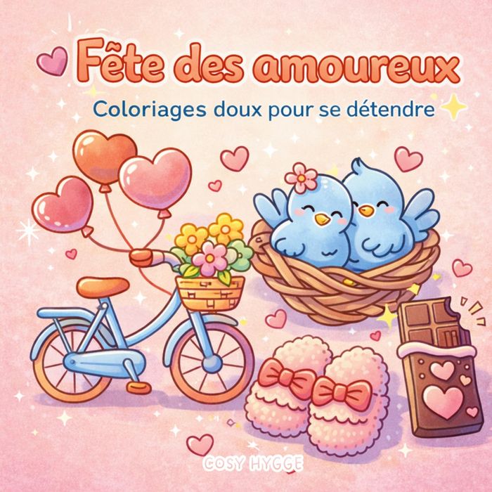 Couverture du livre « FETE DES AMOUREUX - COLORIAGES DOUX POUR SE DETENDRE » de Cosy Hygge, librairie Les Contes Infusés à Corte