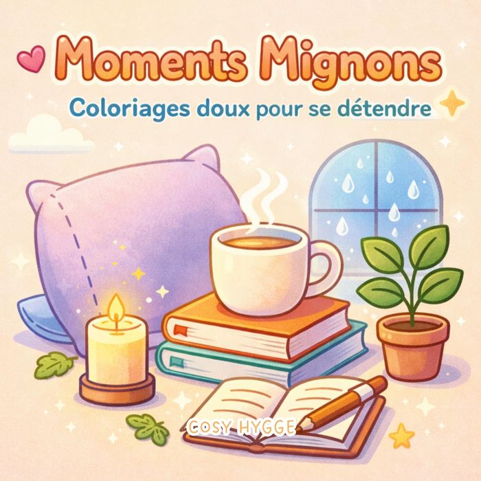 Couverture du livre « MOMENTS MIGNONS - COLORIAGES DOUX POUR SE DETENDRE » de Cosy Hygge, librairie Les Contes Infusés à Corte