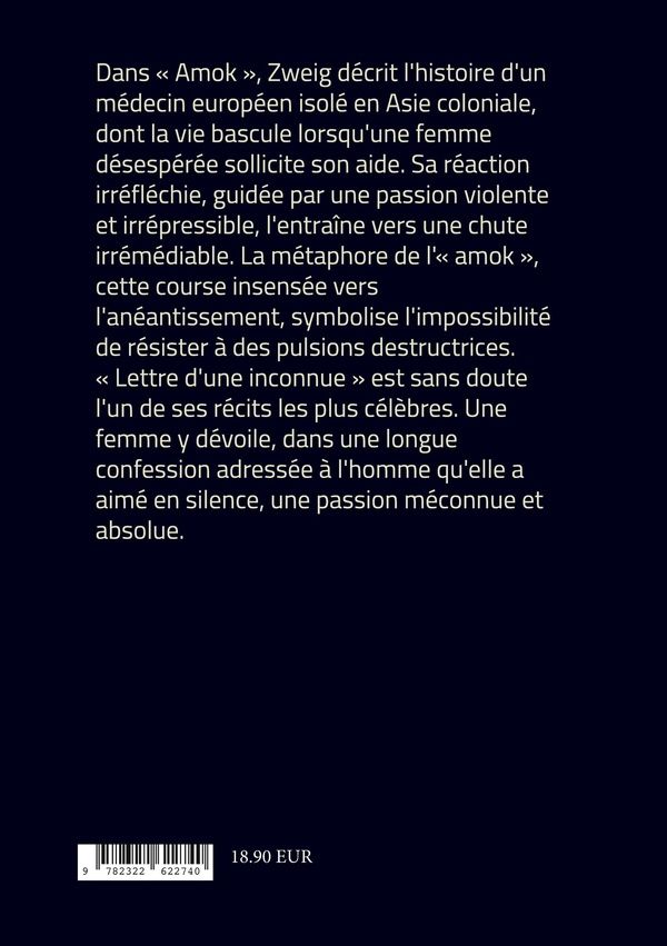Quatrième de couverture de « Amok : une exploration des passions destructrices, des amours impossibles et des drames psychologiques »