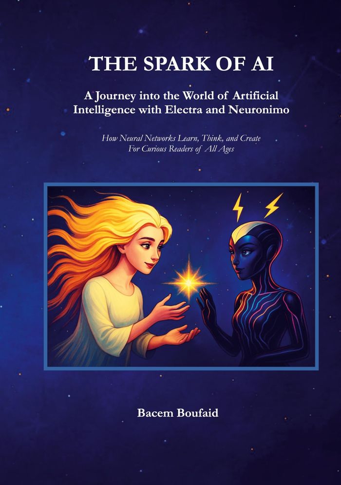 Couverture du livre « THE SPARK OF AI - A JOURNEY INTO THE WORLD OF ARTIFICIAL INTELLIGENCE WITH ELECTRA AND NEURONIMO » de Bacem Boufaid, librairie Les Contes Infusés à Corte