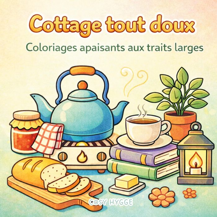 Couverture du livre « COTTAGE TOUT DOUX - COLORIAGES APAISANTS AUX TRAITS LARGES » de Cosy Hygge, librairie Les Contes Infusés à Corte