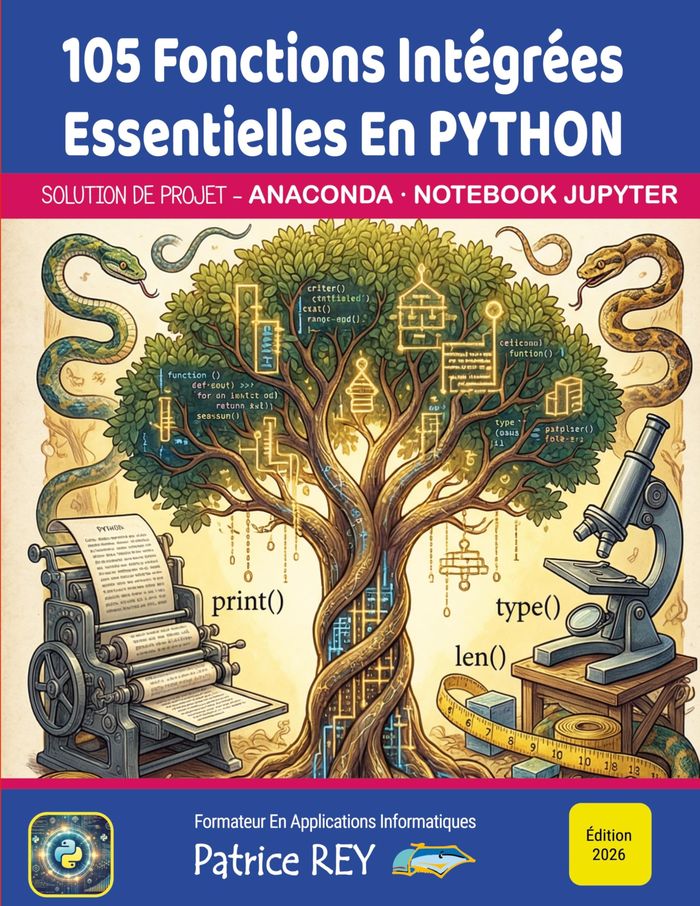 Couverture du livre « 105 fonctions intégrées essentielles en Python » de Patrice Rey, librairie Les Contes Infusés à Corte