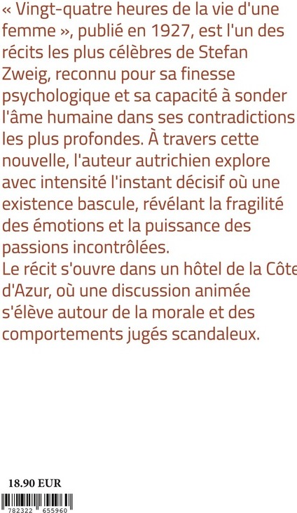Quatrième de couverture de « Vingt-quatre heures de la vie d'une femme : une nouvelle psychologique sur la passion, le jeu et les bouleversements d'une vie en un jour »