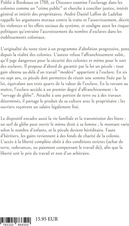 Quatrième de couverture de « Discours sur la nécessité et les moyens de détruire l'esclavage dans les colonies »