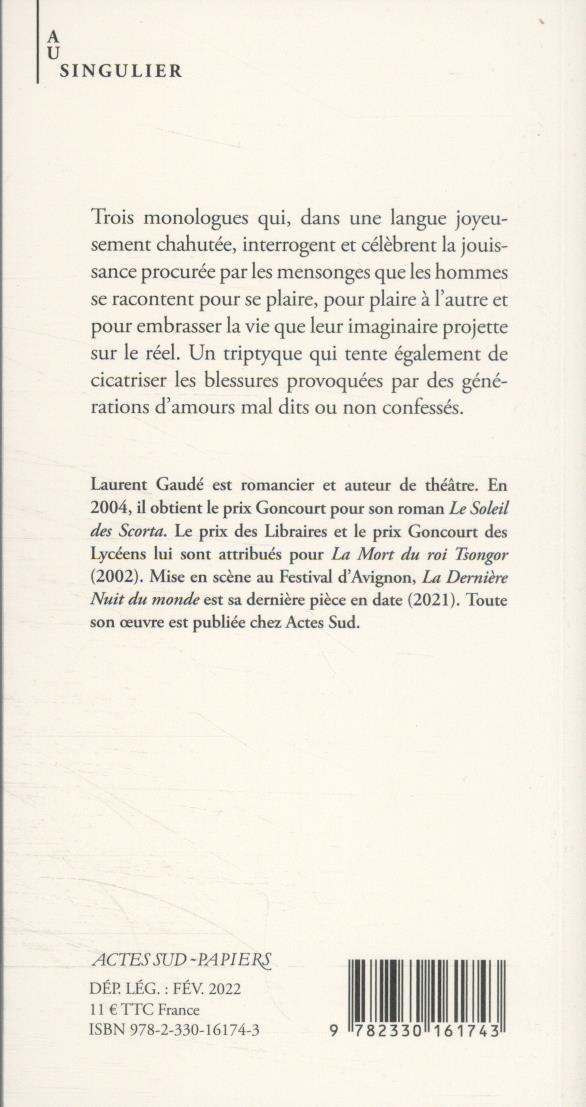 Quatrième de couverture de « Grand menteur : trois monologues d'amour chaviré »