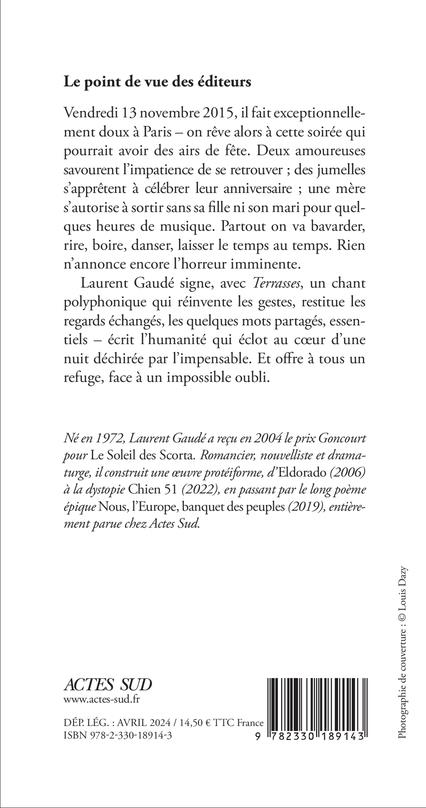 Quatrième de couverture de « Terrasses ou Notre long baiser si longtemps retardé : récit »