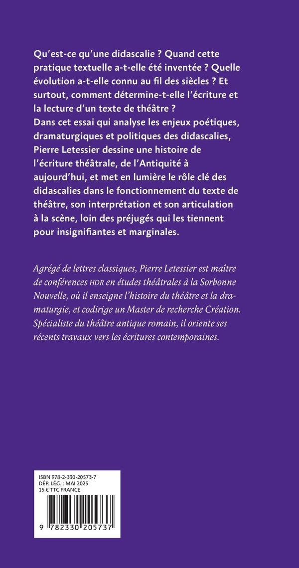 Quatrième de couverture de « Les didascalies en question »
