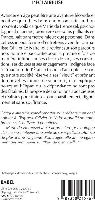 Quatrième de couverture de « L'éclaireuse : entretiens avec Marie de Hennezel »