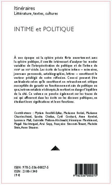 Quatrième de couverture de « INTIME ET POLITIQUE - VOL20122 »