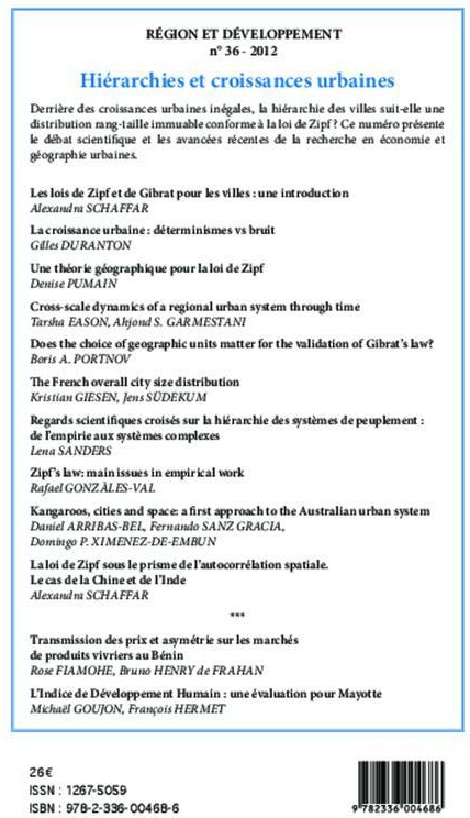 Quatrième de couverture de « HIERARCHIES ET CROISSANCES URBAINES - VOL36 - NOUVEAUX REGARDS SUR LES LOIS DE ZIPF ET DE GIBRAT POU »