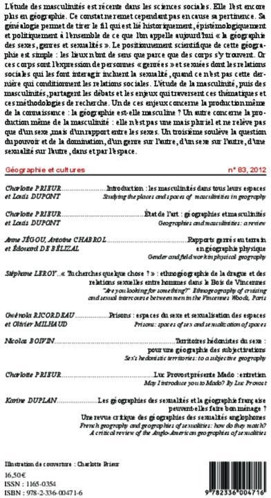 Quatrième de couverture de « ESPACES DES MASCULINITES - VOL83 »