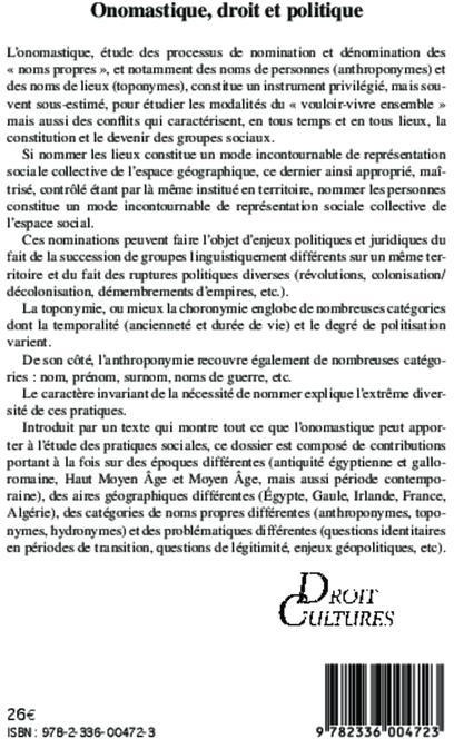 Quatrième de couverture de « ONOMASTIQUE, DROIT ET POLITIQUE - VOL64 »