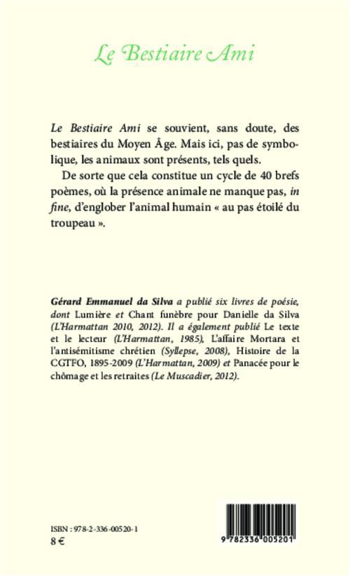 Quatrième de couverture de « LE BESTIAIRE AMI - UN CYCLE DE 40 QUATRAINS »