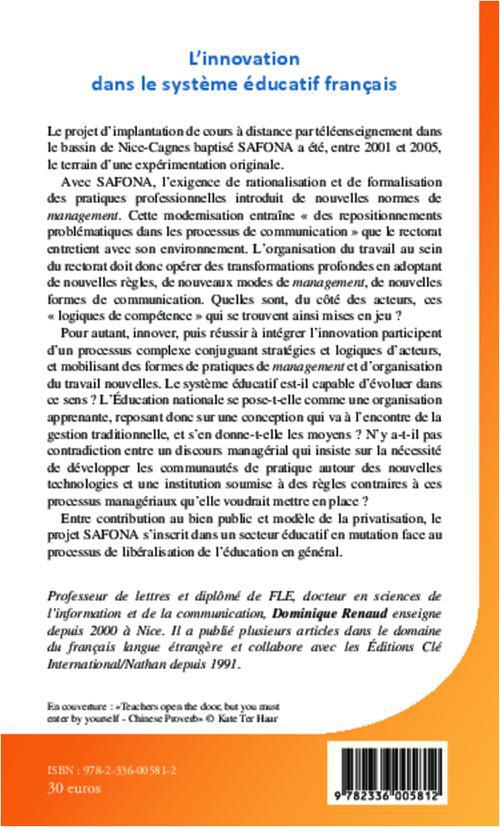 Quatrième de couverture de « L'INNOVATION DANS LE SYSTEME EDUCATIF FRANCAIS - UN PROJET D'IMPLANTATION DE COURS A DISTANCE PAR TE »