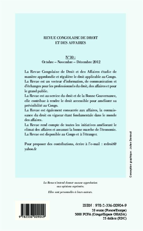 Quatrième de couverture de « REVUE CONGOLAISE DE DROIT ET DES AFFAIRES - OCTOBRE - NOVEMBRE - DECEMBRE 2012 »
