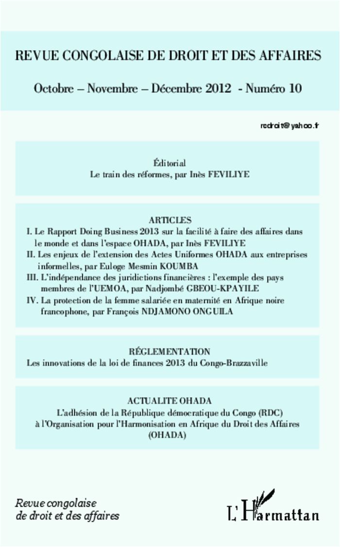 Couverture du livre « REVUE CONGOLAISE DE DROIT ET DES AFFAIRES - OCTOBRE - NOVEMBRE - DECEMBRE 2012 » de Ines Feviliye, librairie Les Contes Infusés à Corte
