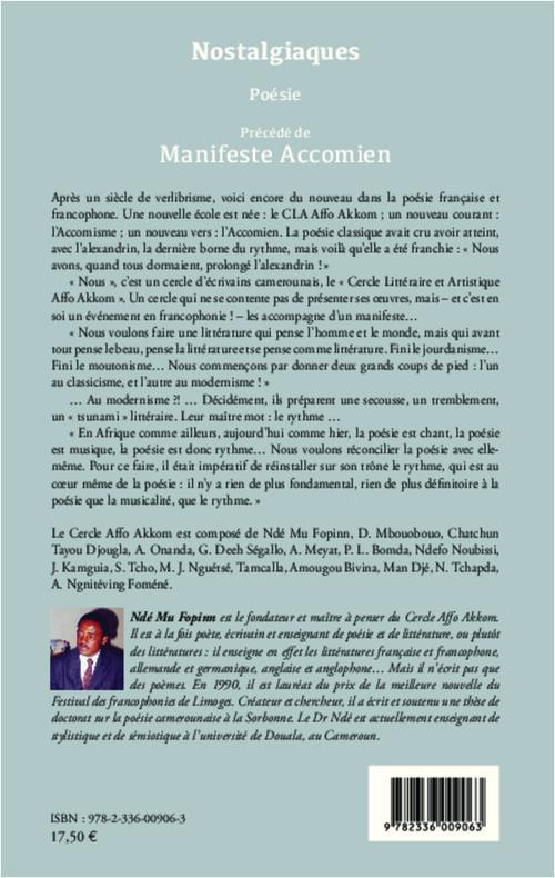 Quatrième de couverture de « NOSTALGIAQUES. POESIE - PRECEDE DE MANIFESTE ACCOMIEN »