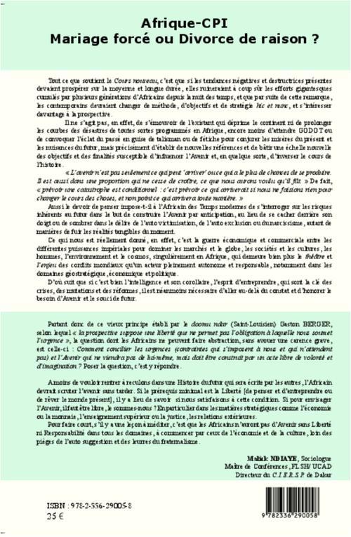 Quatrième de couverture de « AFRIQUE-CPI MARIAGE FORCE OU DIVORCE DE RAISON ? - NUMERO SPECIAL »