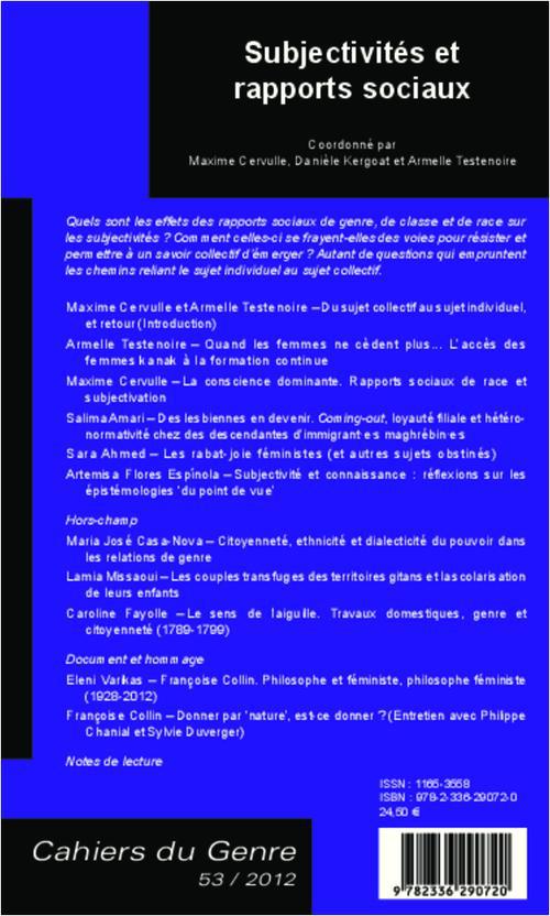 Quatrième de couverture de « SUBJECTIVITES ET RAPPORTS SOCIAUX - VOL53 »
