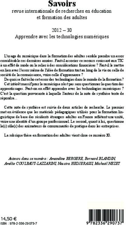 Quatrième de couverture de « APPRENDRE AVEC LES TECHNOLOGIES NUMERIQUES - VOL30 »