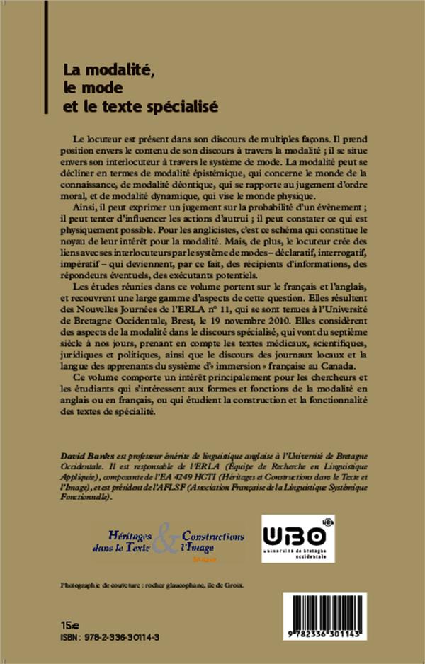 Quatrième de couverture de « LA MODALITE, LE MODE ET LE TEXTE SPECIALISE »