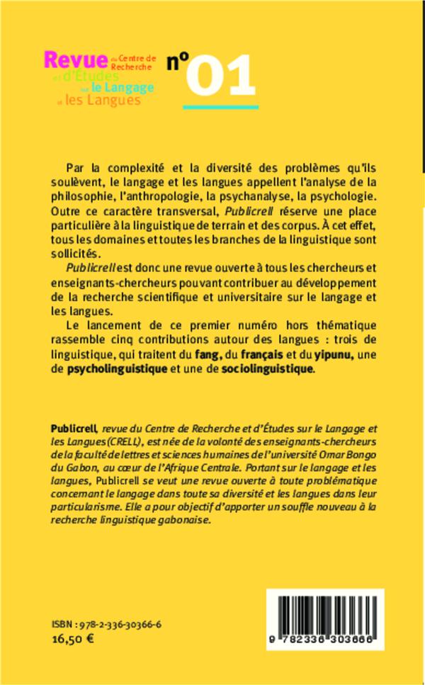Quatrième de couverture de « REVUE DU CENTRE DE RECHERCHE ET D'ETUDES SUR LE LANGAGE ET LES LANGUES - VOL01 »