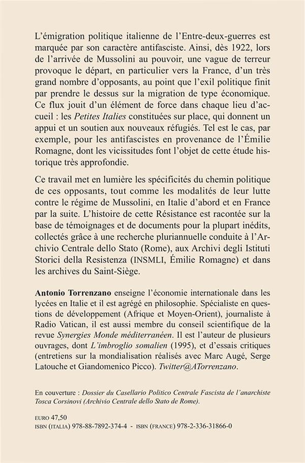 Quatrième de couverture de « ANTIFASCISTES DE L'EMILIE ROMAGNE REFUGIES EN FRANCE : 1922-1943 - L'EXPERIENCE POLITIQUE DE L'EXIL »