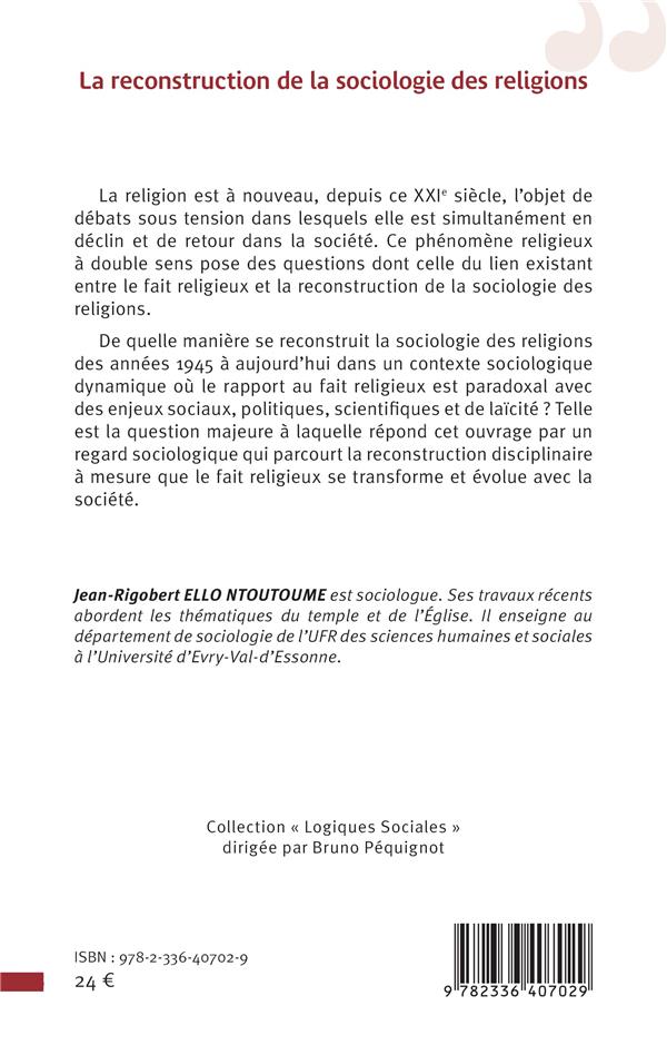 Quatrième de couverture de « LA RECONSTRUCTION DE LA SOCIOLOGIE DES RELIGIONS »
