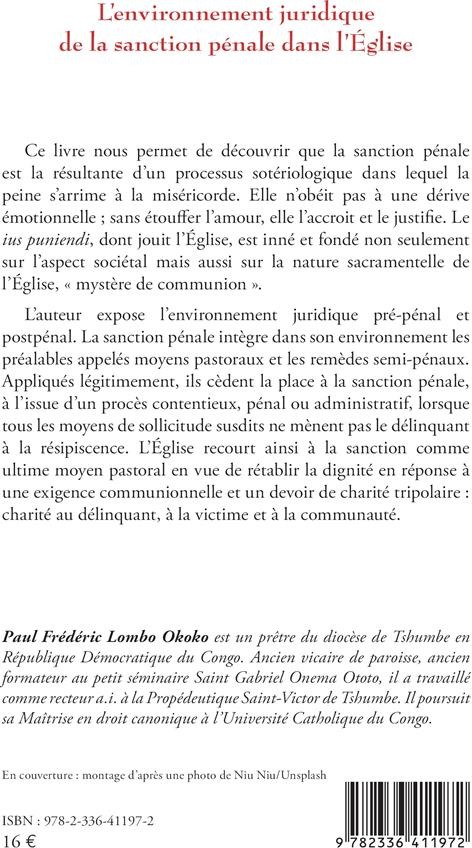 Quatrième de couverture de « L ENVIRONNEMENT JURIDIQUE DE LA SANCTION PENALE DANS L EGLISE »