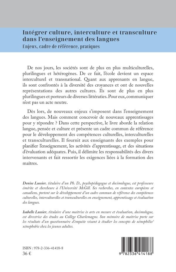 Quatrième de couverture de « Intégrer culture, interculture et transculture dans l'enseignement des langues : enjeux, cadre de référence, pratiques »