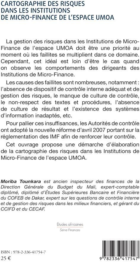 Quatrième de couverture de « CARTOGRAPHIE DES RISQUES DANS LES INSTITUTIONS DE MICRO-FINANCE DE L ESPACE UMOA - UNE CONTRIBUTION »